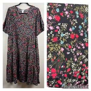 Ava & Viv plus size dark micro floral puff sleeve tiered midi dress 1X